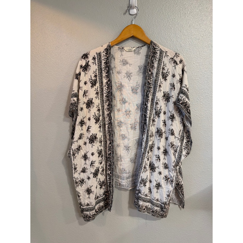 Max Studio London‎ Kimono Wrap Women OS Ivory Black Floral Open Front Beach Boho